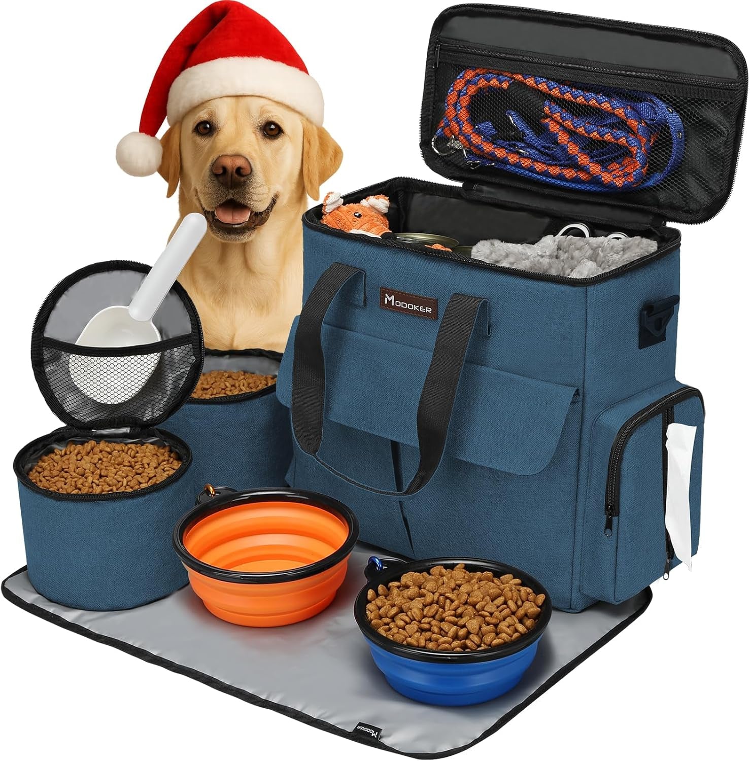 Dog Travel Bag, Weekend Pet Travel Set for Dog and Cat, Airline Approved Tote Organizer with Multi-Function Pockets, 2 Food Storage Containers, 2 Collapsible Bowls, 1 Feeding Mat (Blue)
