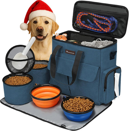 Dog Travel Bag, Weekend Pet Travel Set for Dog and Cat, Airline Approved Tote Organizer with Multi-Function Pockets, 2 Food Storage Containers, 2 Collapsible Bowls, 1 Feeding Mat (Blue)