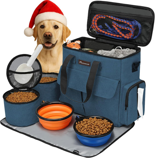 Dog Travel Bag, Weekend Pet Travel Set for Dog and Cat, Airline Approved Tote Organizer with Multi-Function Pockets, 2 Food Storage Containers, 2 Collapsible Bowls, 1 Feeding Mat (Blue)