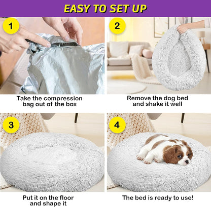 Calming Dog Bed for Small Dogs - Cozy Faux Fur anti Anxiety Dog Cuddler Bed – Ultra Soft Fluffy Donut Dog Bed – Luxury round Cat Cushion Bed – Comfy Plush Pet Bed for Small Dogs Cats (23 Inch, Frost)