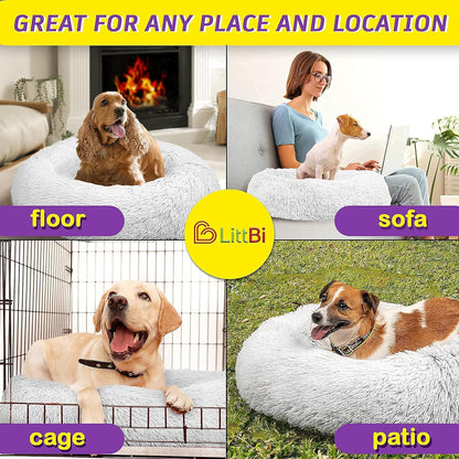 Calming Dog Bed for Small Dogs - Cozy Faux Fur anti Anxiety Dog Cuddler Bed – Ultra Soft Fluffy Donut Dog Bed – Luxury round Cat Cushion Bed – Comfy Plush Pet Bed for Small Dogs Cats (23 Inch, Frost)