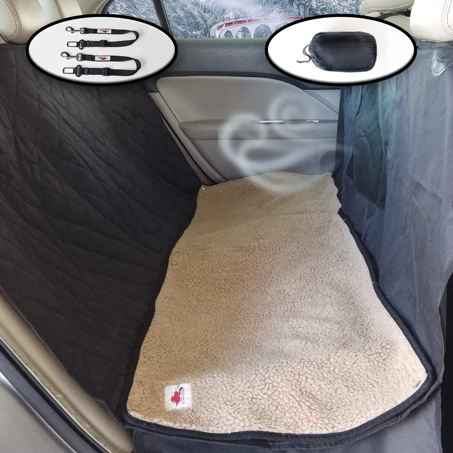 Ultimate Pet Seat Cover and Dog Hammock Features Brown Washable Fleece Mat, Mesh Window and Metal Buckles - 5-Piece Set