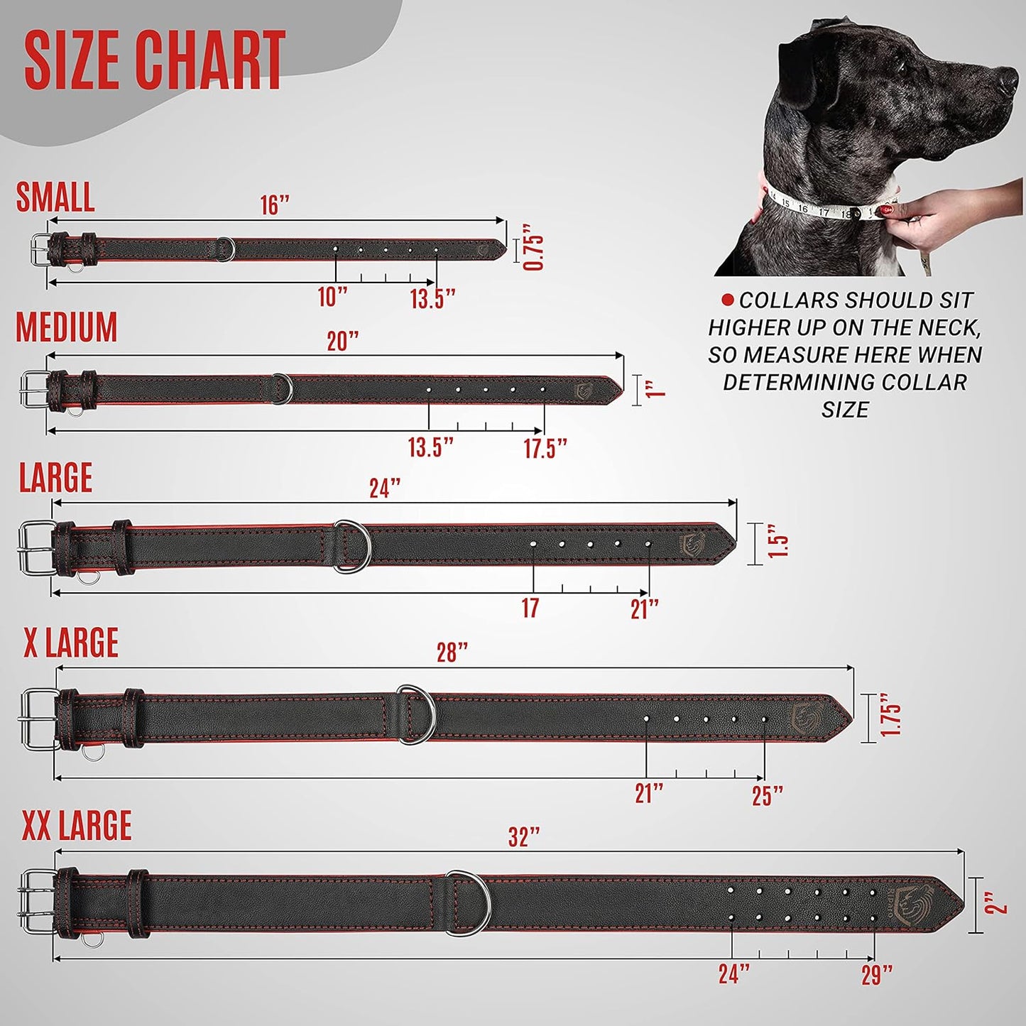 Riparo Adjustable Leather Dog Collar - Heavy Duty Wide Dog Collar for Small, Medium, Large and Extra Large Dogs with Dog Tag Holder (XXL: 2” Wide for 24”-29” Neck, Black/Red Thread)