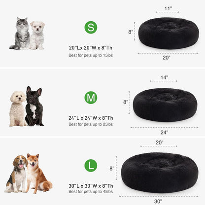 Calming Cat Bed for Indoor Cats,Anti-Anxiety Donut round Dog Bed,Fluffy Faux Fur Washable Pet Bed for Small Medium Dogs and Cats,Black,24In